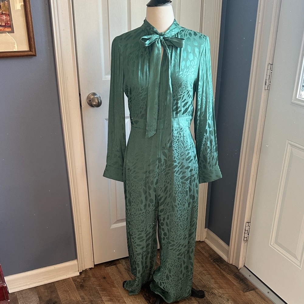 Topshop Teal Patterned Jumpsuit with Bow Detail